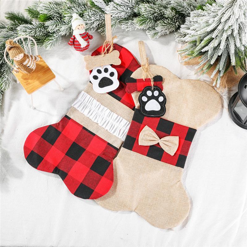 

Lattice Bone Shape Christmas Stocking Xmas Tree Hanging Sock Candy Gift Bag Classic Shaped Socks Holder for
