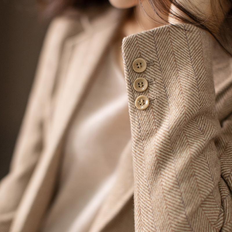 

Women' Woollen Suits Fall Jacket for Women One Button Herringbone Pattern Woolen Suit British Style Coat Female Commuter Style, Beige