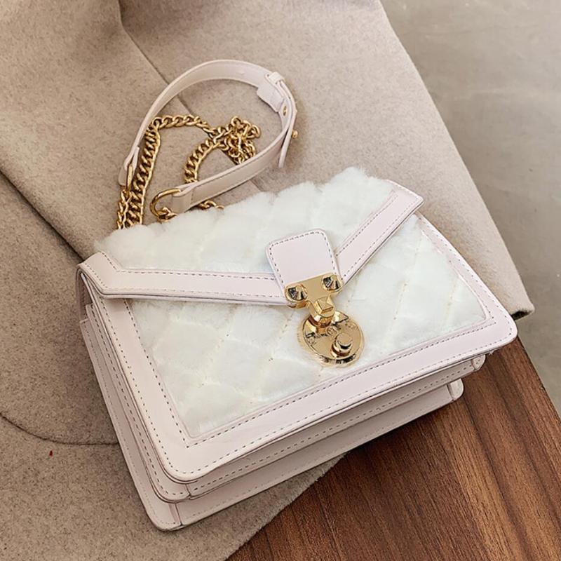 

Plush Square Crossbody bag 2021 Winter New High-quality PU Leather Women's Designer Handbag Lattice Chain Shoulder Messenger Bag, Black