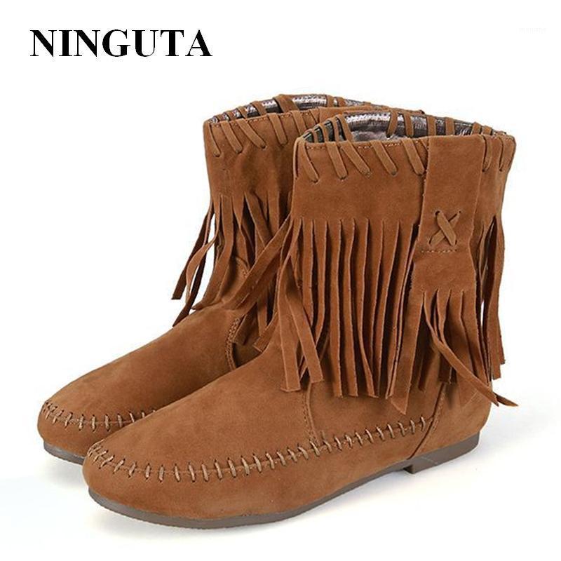 

NINGUTA fringe ankle boots women flats shoes woman for autumn winter1, Beige
