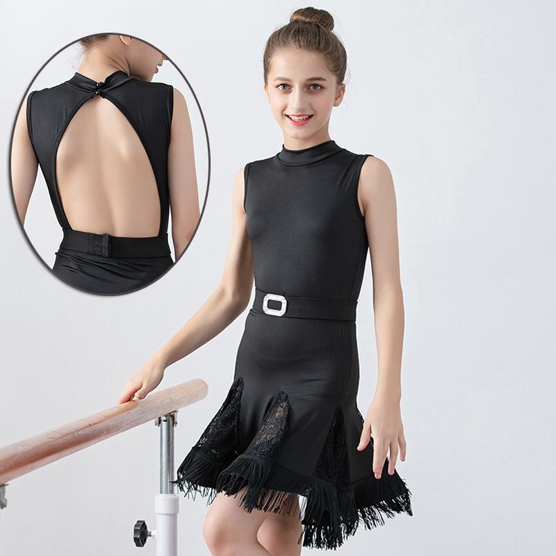

New Latin Dance Clothes Summer Girls Black Dress Open Back Fringe Lace Skirt Children Performance Outfit Practice Clothing BI479, Dress and belt