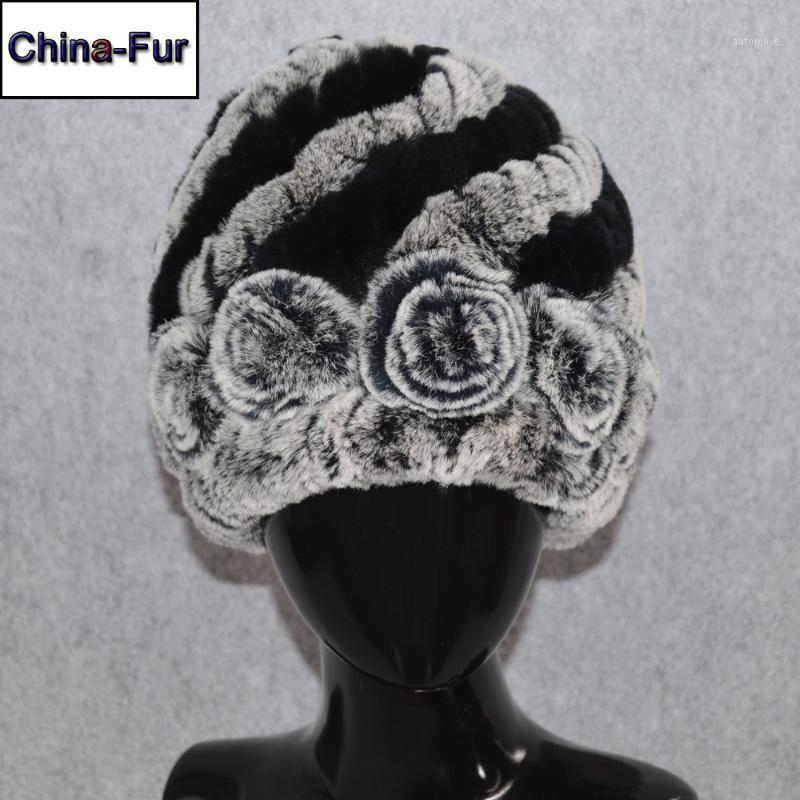 

2020 Russia New Winter Women Flower Striped Natural Real Fur Hat Warm Knit Genuine Rex Fur Cap Outdoor Beanies Hats1, Coffee white