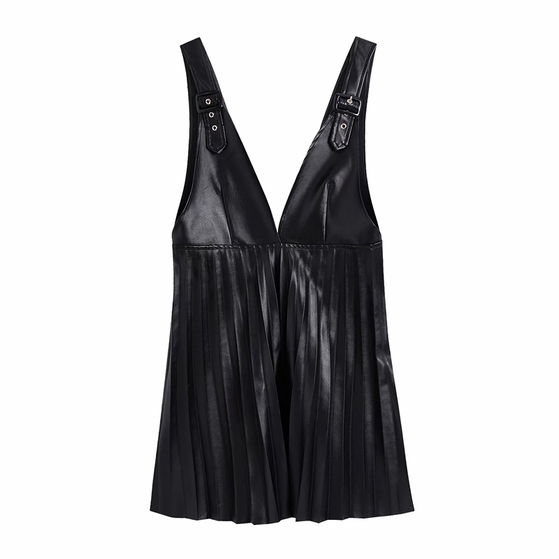 

2021 New Streetwear Women Faux Leather Es Fashion Ladies V-neck Pleated Elegant Female Chic A-line Mini Vestidos K019, Black