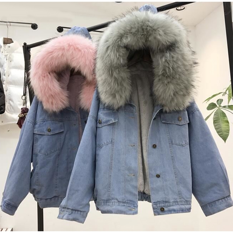

Women's Denim Jacket With Fur Winter Jeans Hooded Velvet Coat Female Faux Fur Collar Padded Warm Jackets Bomber Windbreake 201106, Pink