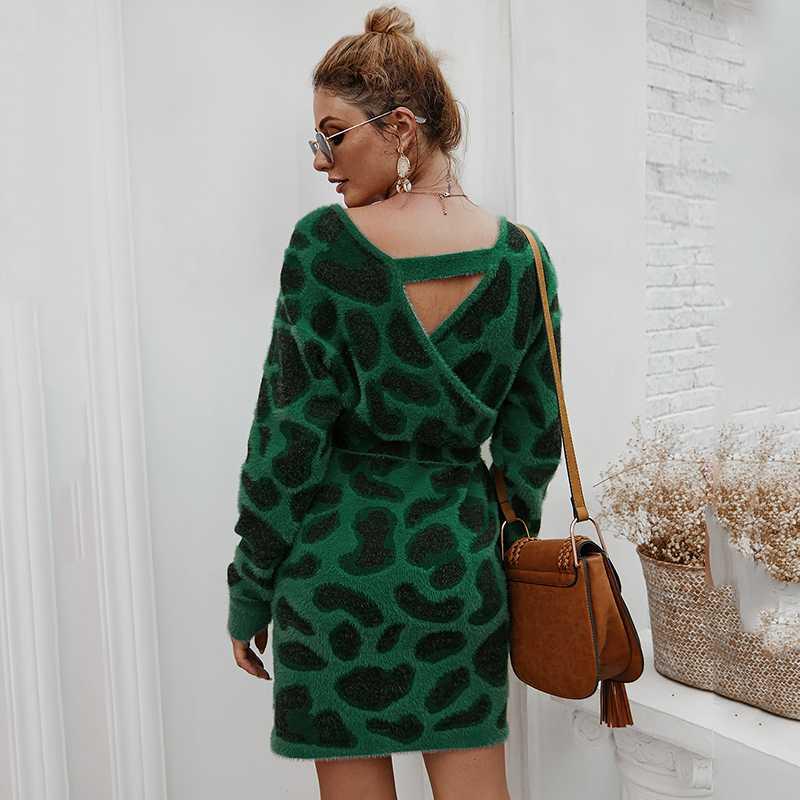 

Leopard Autumn Knitted Short Dress For Women V-neck Slim High Waist Long Sleeve Female Mini Dresses Backless With Sashes Vestido, Apricot