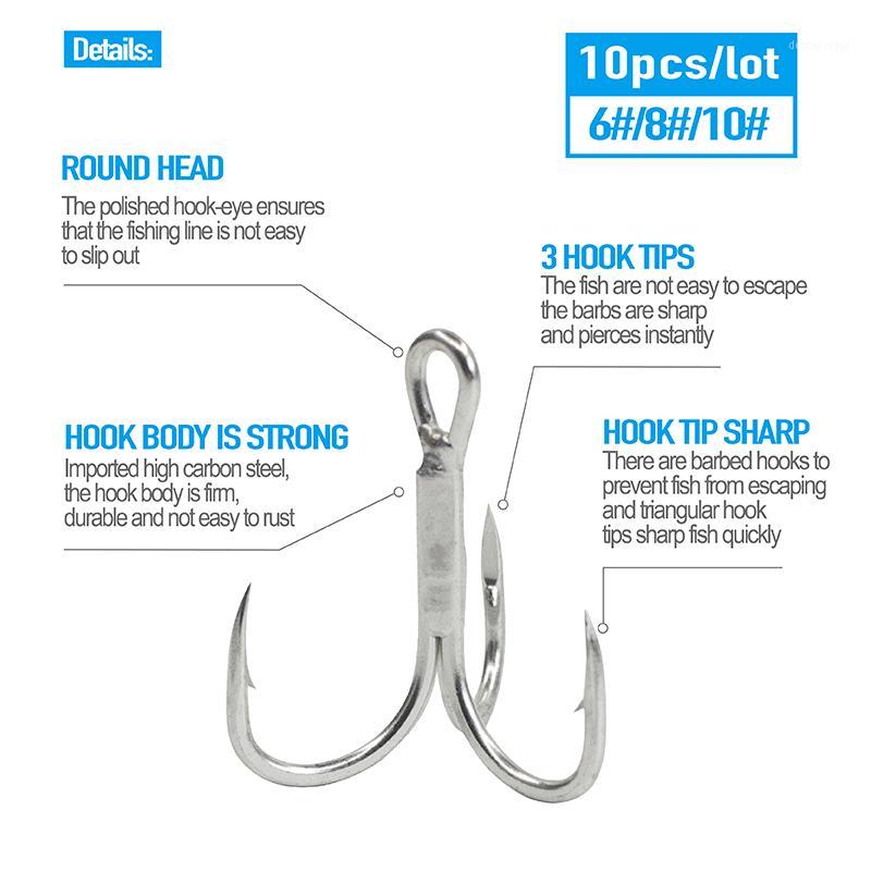 

10Pcs Treble Hooks Fishing Silver High Steel Carbon Material Fishing Hook Round Folded Saltwater Bass #6 #8 #10 Tackle Tools1