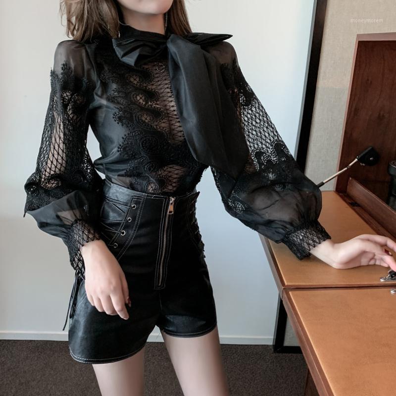 

2020 new cute design western style lace long sleeve blouse with lantern sleeves1, Black top