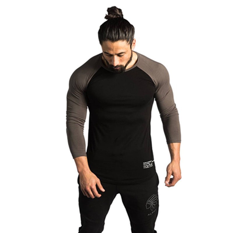 

New Sports Fitness Three-Quarter Sleeve Sweatshirts Men Fashion Cotton Sweat Shirt Slim Running Training Men's Brand Clothing, Black dark grey