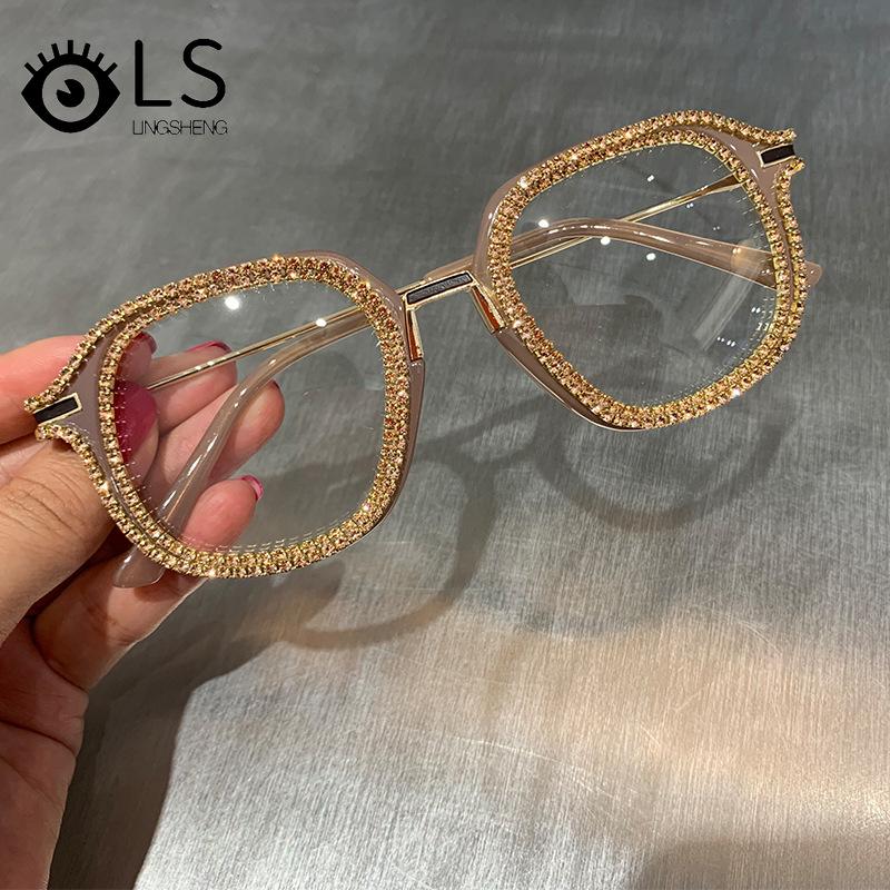 

LS 2021 Women's Trend Retro Diamond Handmade Sunglasses Fashion Luxury Diamond Square Sunglasses Big Frame Female Shades YG049