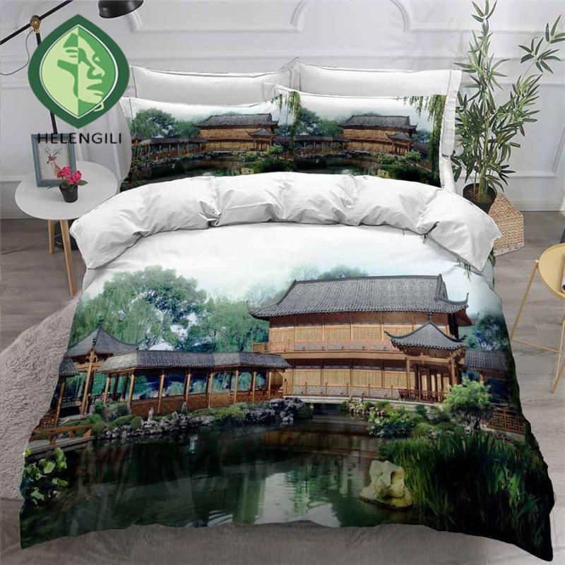 

HELENGILI 3D Bedding Set Chinese Scenery Print Duvet Cover Set Bedclothes with Pillowcase Bed Home Textiles #ZGFJ231, As pic