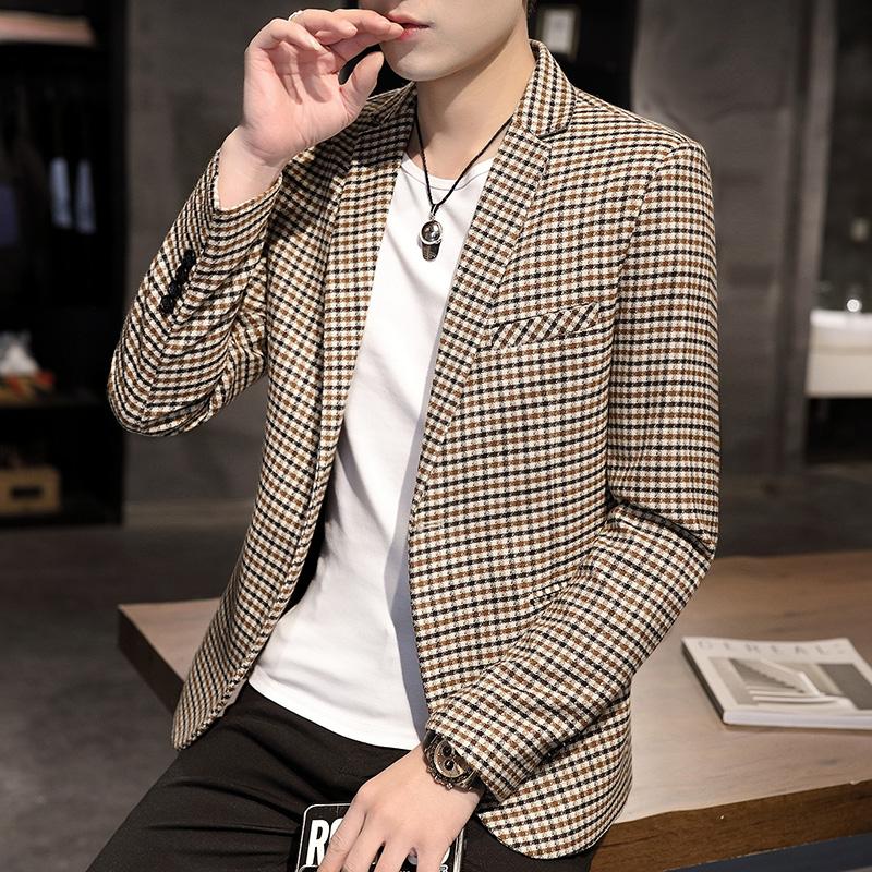 

202Jacket male autumn small plaid suit Korean version of the trend spring new product houndstooth shirt slim handsome small suit, Black