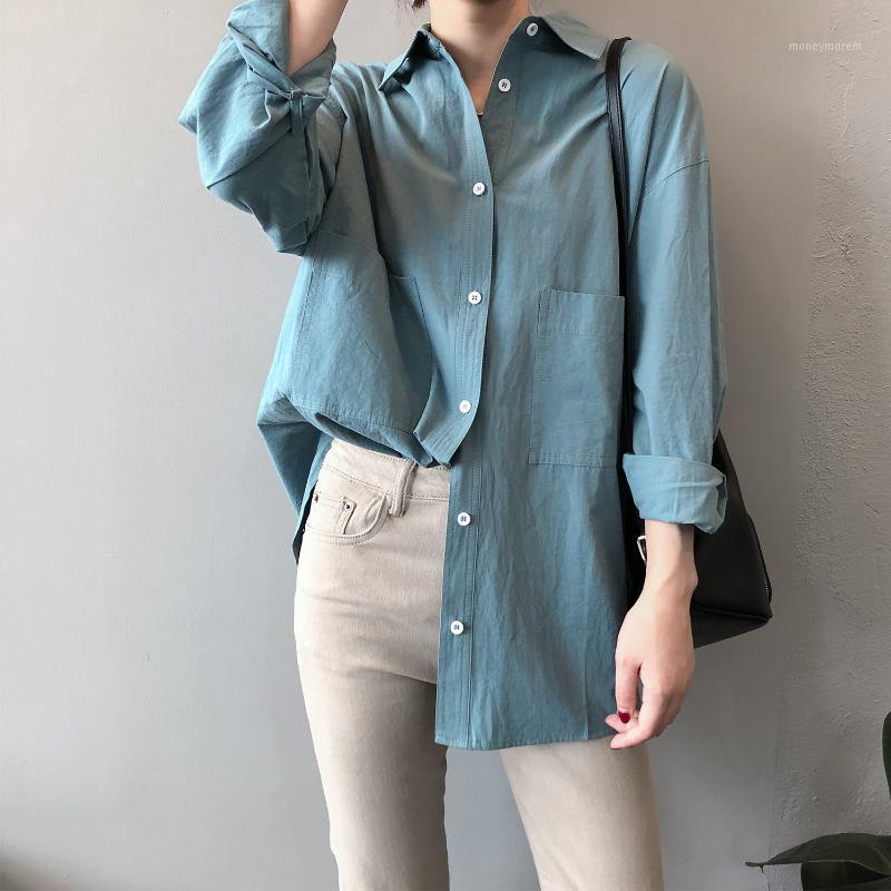 

2020 Women Autumn Cotton Blouses Turn Down Collar Solid Women Tops Long Clothing Length Shirts Simple Loose Boy style Blouses1, White