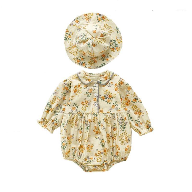 

2020 Autumn baby clothing set vintage style floral pattern romper + cap 2 pcs Toddler Newborn Baby Girl Clothes Set1, As pic