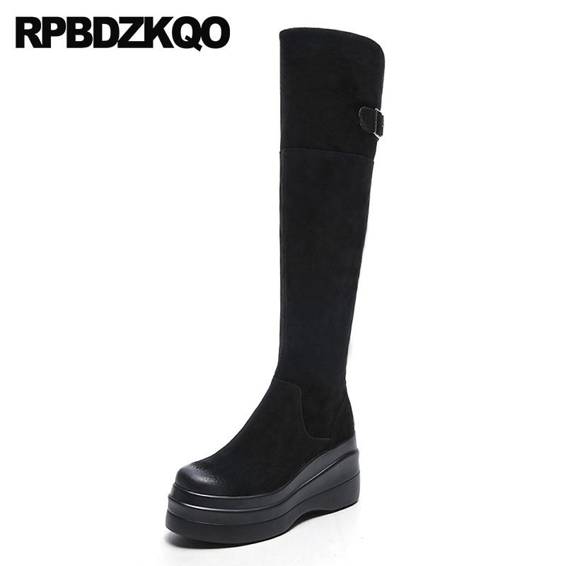 

Shoes High Heel Thigh Wedge Winter Muffin Black Suede Slim Women Boots Flatform Over The Knee Brand Fur Genuine Leather Platform, Black cow suede