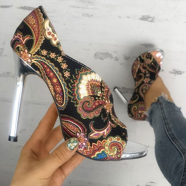 

2021 New Women High Heels Pumps Woman Fashion Summer Sexy Female Peep High-heeled Shoes Open Toe Ethnic Print Party Sandals Qe55, Silver