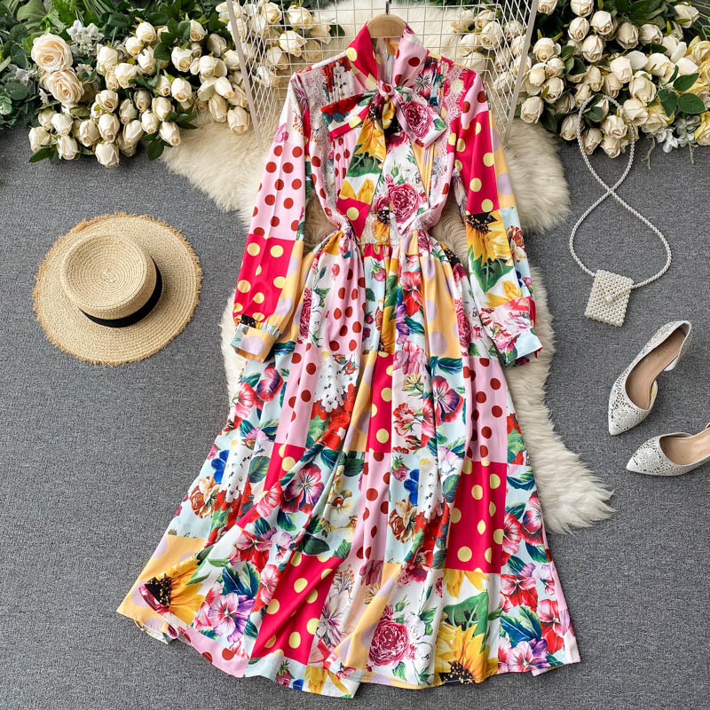 

2021 New Singiny feminine retro printout maxi sweet autumn bow line to boho impression holiday dress long M0DZ, Pink
