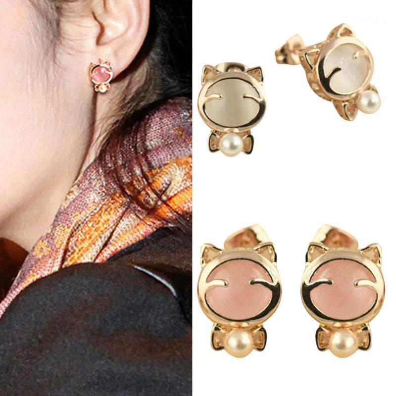 

Stud Women Earrings Jewelry Lucky Cat Opal Alloy Ear, Golden;silver