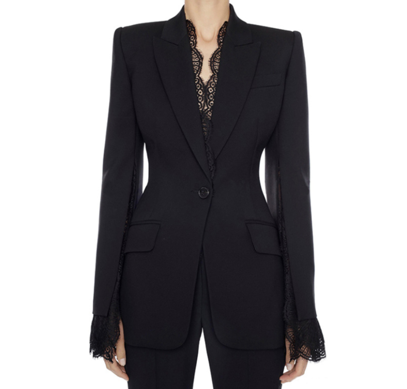 

Suit Blazer Jacket 2020 Autumn and Winter Solid Color Women' Jacket Split Sleeve Lace Edge Decoration One Button Slim Suit Coat, Black