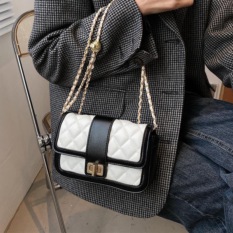 

2021 New Diamond Lattice Square Bag for Women's Luxury PU Chain Shoulder Bag with Lock Casual Lady Fashionable Crossbody Handbag, Black