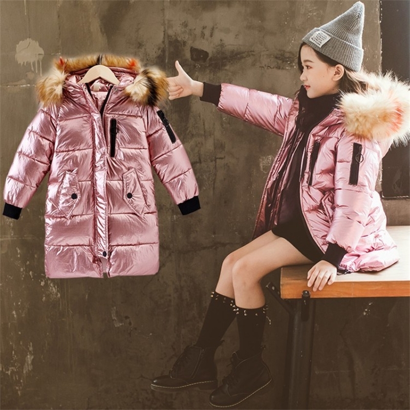

New Winter Cotton Jacket For Children Winter Down Warm Coat For Girl With Warm Fur Collar Long Fluorescent Color Kids Coat LJ201017, Golden