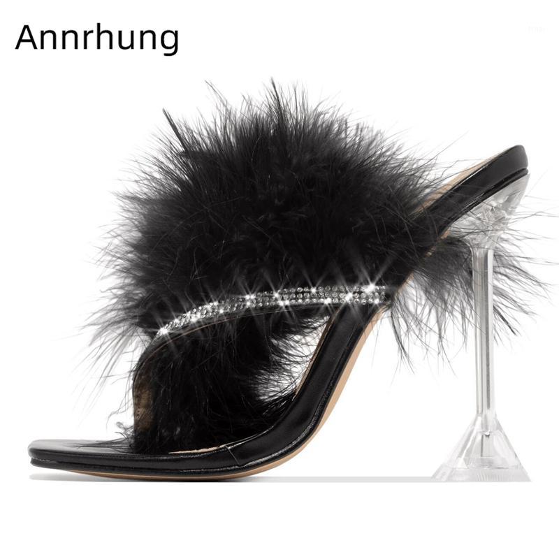 

Clear Crystal High Goblet Heel Women Slippers Jeweled Diamond Fur Feather Decor Flip Flops Rhinestone High Heel Shoes1, Black