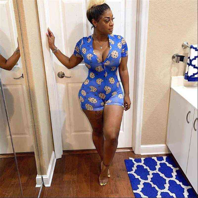 Womens Jumpsuit Women Sexy Fashion V Neck Short Sleeve Bodycon Rompers Animal print Button Sleepwear Shorts Leotard for Summer-image-674209791
