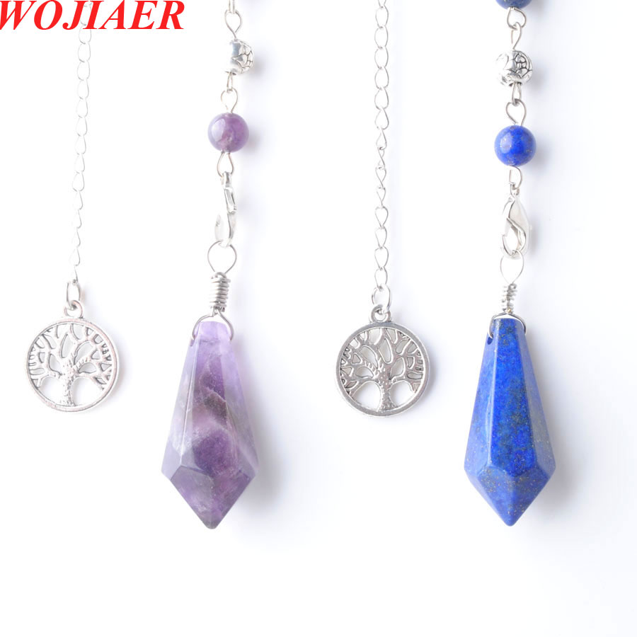 WOJIAER Natural Stone Cone Tree of Life Pendant Spiritual Hexagon Quartz Crystal Chakra Chain Pendulum for Dowsing BO948-image-747920044