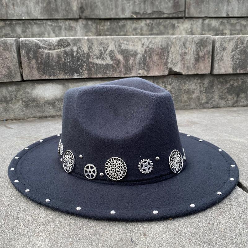 

Handmade Steampunk Wool Women Men's Fedora Hat Acrylic Gems Wide Brim Jazz Cap Vintage Panama Sun Top Hat, Black