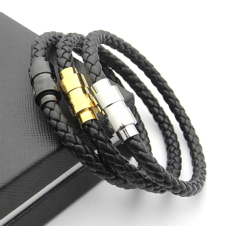 Promotion Buckle Men Black Leather Braid charm Bracelet Fashion Jewelry Silver Wholesale price Bracelets For Men Gift ( No Box )-image-631196544