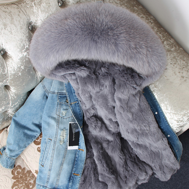 

2021 New Denim Pie Overcome Rabbit Skin Jacket Grass-lined Fox Fur Collar Long Female Winter Coat UEC4