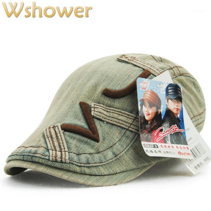 

Summer Spring embroidery Denim Beret hat Casquette Cap Cotton Hats for Men and Women Visors Sun hat Gorras Planas Flat Caps1, Letter navy