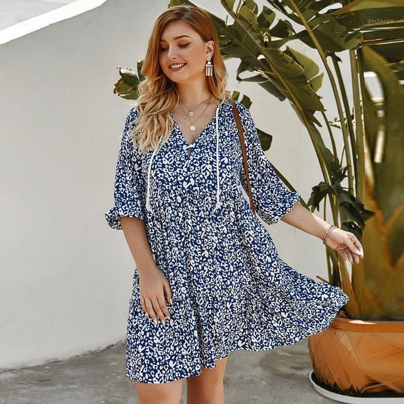 

Women's Summer dresses Medium Sleeve V-Neck Floral Printed Plus Size Dress Loose Bohemia Beach vacation Dress ropa mujer1