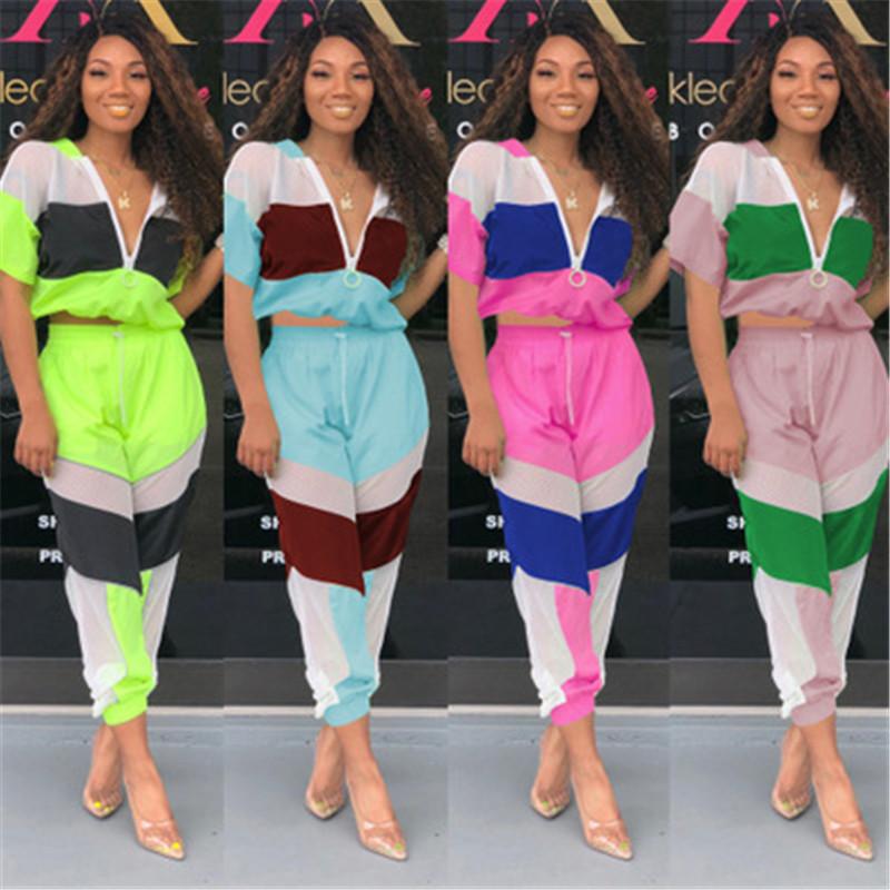 

Women Spliced Mesh Sets Fashion Trend Short Sleeve Zipper Hooded Tops Pants Suits Designer Female Autumn Casual Loose Drawstring Tracksuits