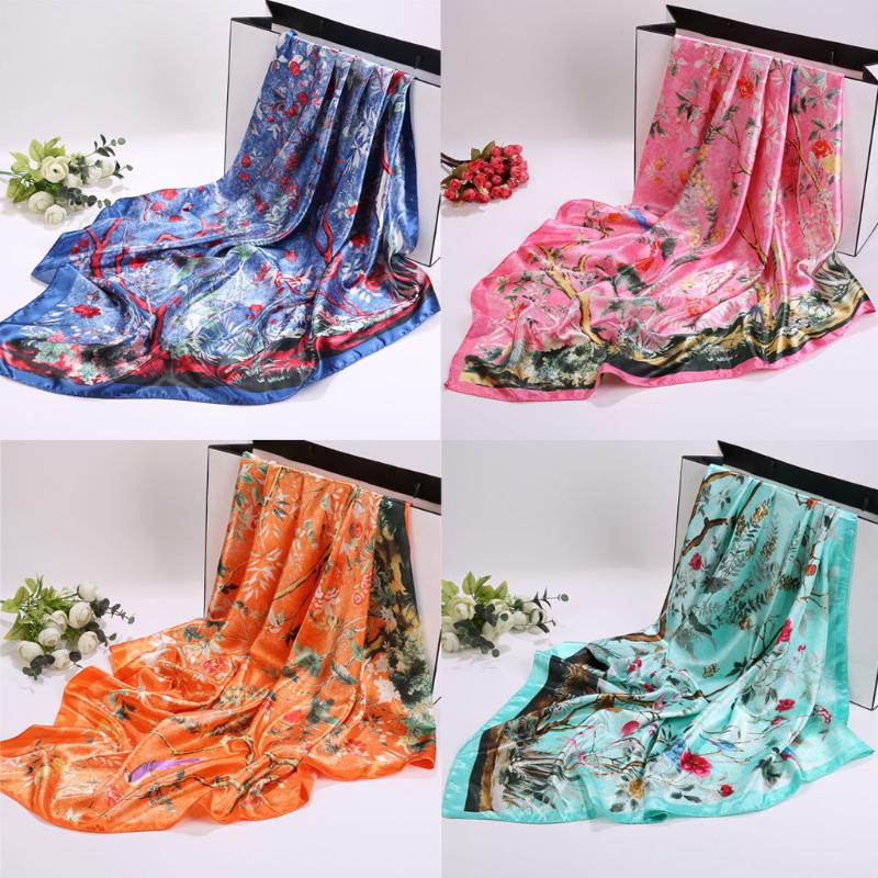 

European and American 90x90cm Women Elegant Floral Printed Square Scarf Printed Head Neck Wrap Scarves Men Women All-match
