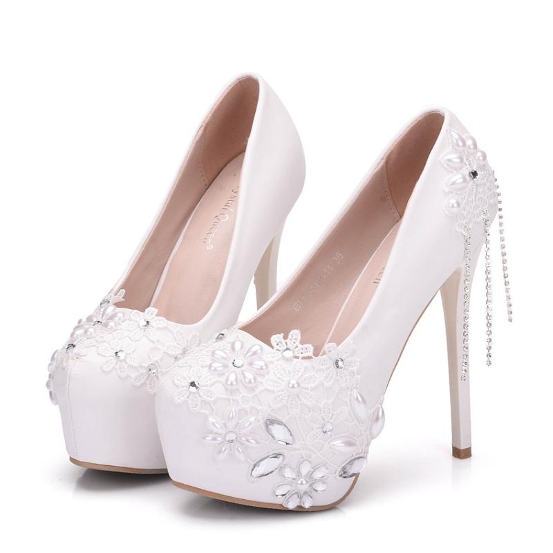 

Single-layer rhinestone shoes women shallow mouth white lace flowers tassel high heel dress shoes thick pearl wedding, Red