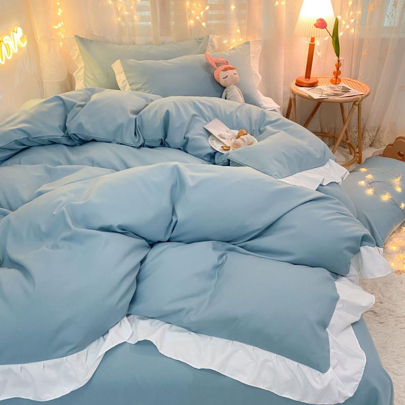 

Japanese-style Solid Color Four Piece 100% Cotton Quilt Set Ruffles Sheet Quilt Cover Pillow Cover Bedding Queen Bedding Set
