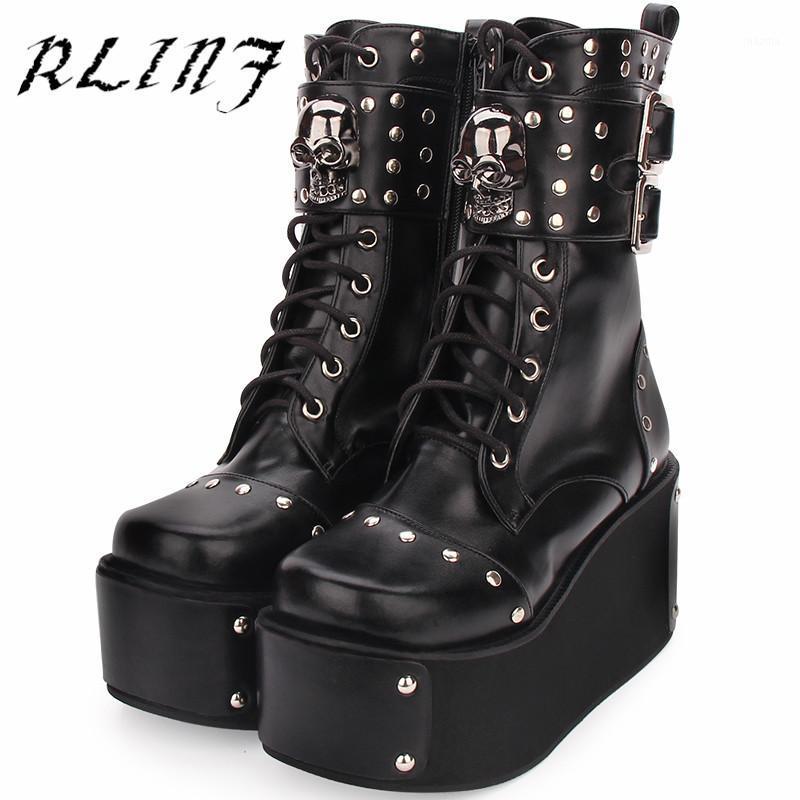 

RLINF New Winter Cool Punk Punk Wind Round Head Rivet Head Tie Side Zipper Sponge Cake Cotton Women Boots1, Black