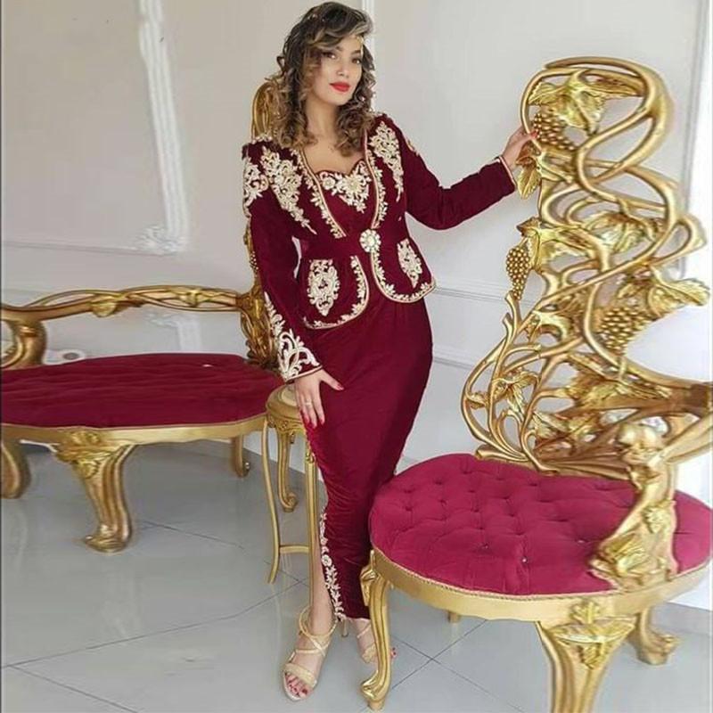 

Karakou algerien Burgundy Evening Dresses with Peplum 2021 Long Sleeve Gold Applique Sexy slit Ankle-length Occasion Prom Gown, Red
