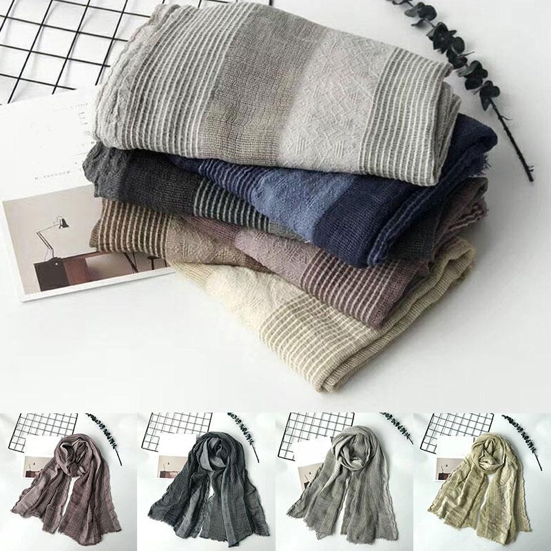 

2021 Cotton Linen Scarves Long Shawls Men Women Pleated Scarf Wrinkled Scarves Japanese Style Warm Soft Tassel Striped Bufanda
