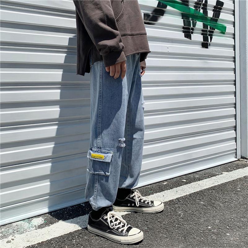 

Men' Jeans Autumn Korean Version Fashion Ankle Banded Pants Men' Loose Straight Capri Casual All-match Jeans Boys Streetwear, Blue