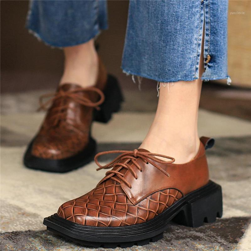 

Punk Creepers Women Lace Up Genuine Leather Chunky Heels Ankle Boots Female Low Top Round Toe Platform Pumps Shoes Casual Shoes1, Brown