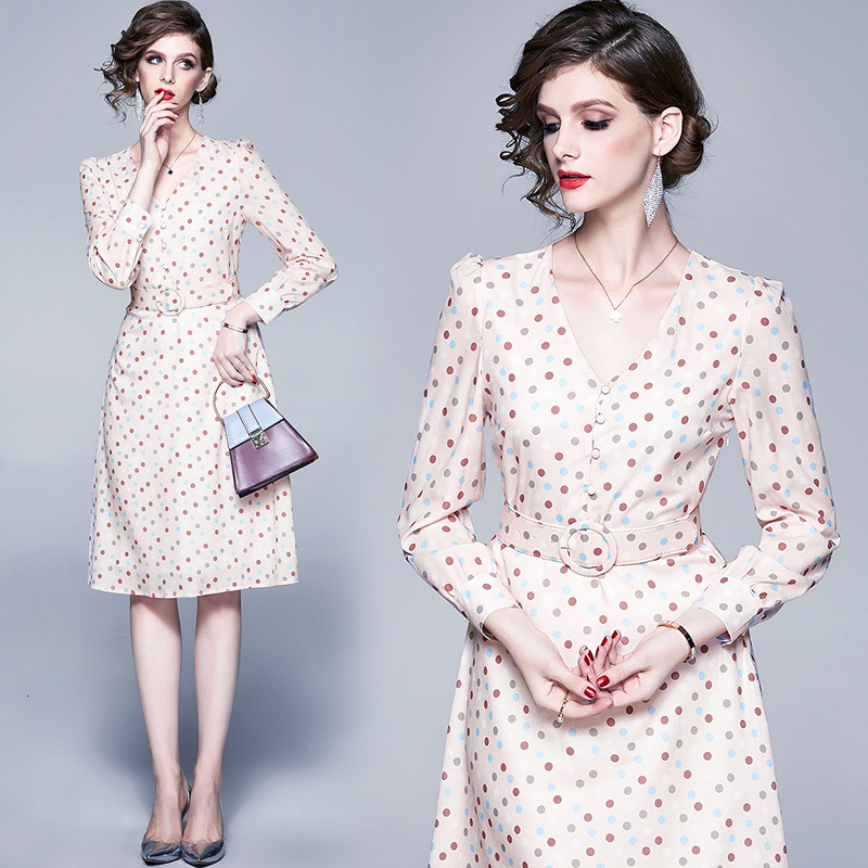 

2021 New Women Polka Dots Printed Pink Summer Fall Elegant Long Sleeve V-neck Sashes Chiffon Midi Office Ladies Vestidos 2mcy, As picture