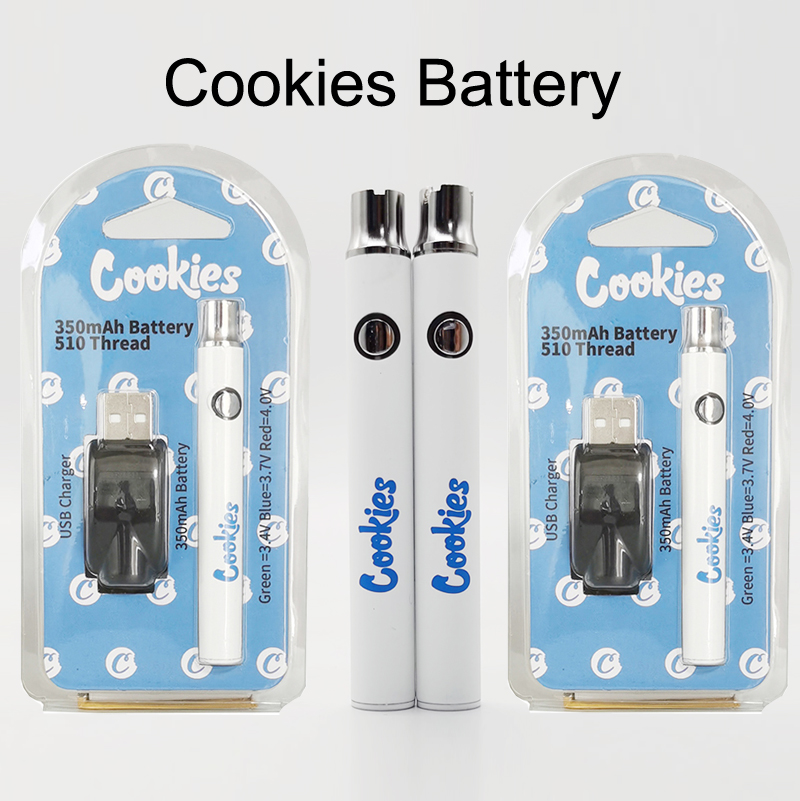 

Cookies Preheating Vape Pens Battery 350mAh Adjustable Voltage Vape Cartridges Batteries 510 Battery with USB Charger Clamshell Packaging