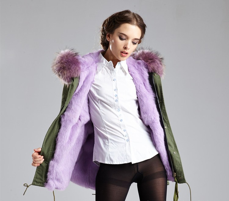 

Cold resistant women wam coats 4XL 3XL Meifeng brand Lavender rabbit fur lining army green mini parkas Lavender raccoon fur trim, Lavender fur