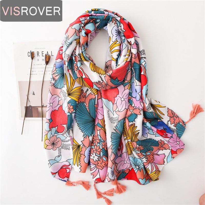 

VISROVER tropical print scarf with tassel fashion summer viscose cactus scarf shawl women flamingo lady beach Boho Kawii scarves