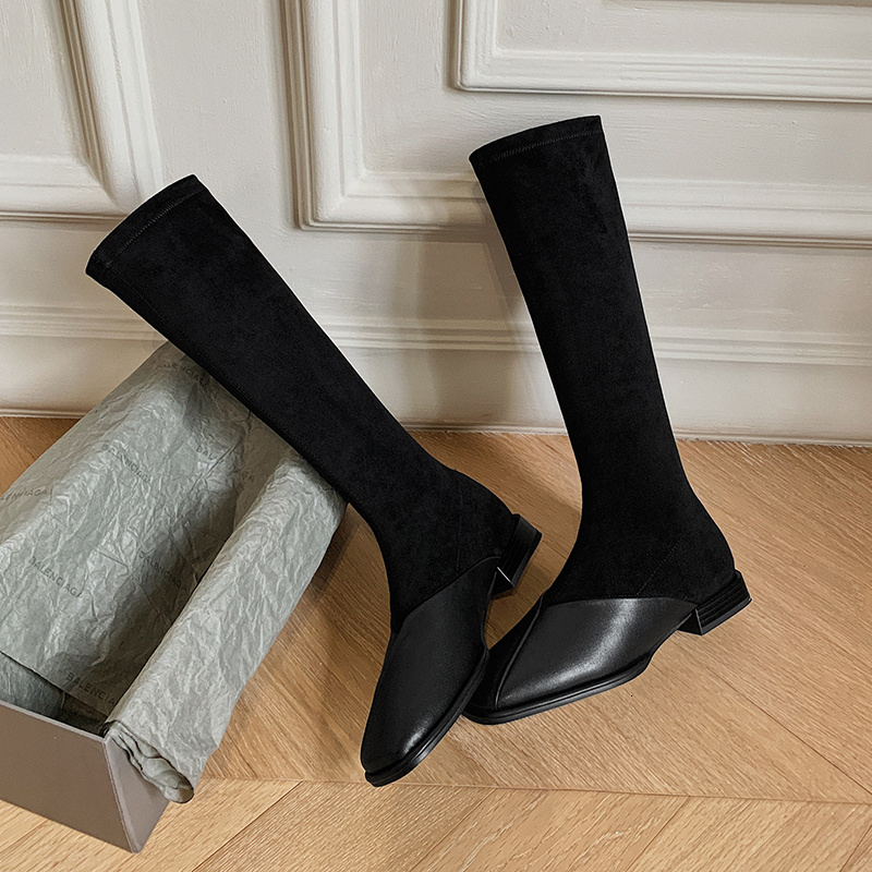 

2021 New Patchwork Leather Low Heels Knee High Autumn Winter Shoes Short Elegant Women Boots Size 34-43 Npbq, Brown