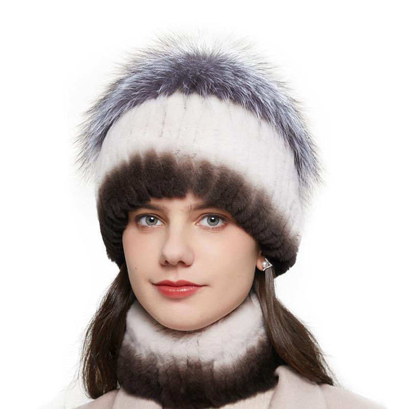 

HY-12 Rex Fur Woven Women's Leather Straw Skullies & Beanies Fur Thickened Autumn and Winter Women's Knitted Hat Suit, Scarf 2