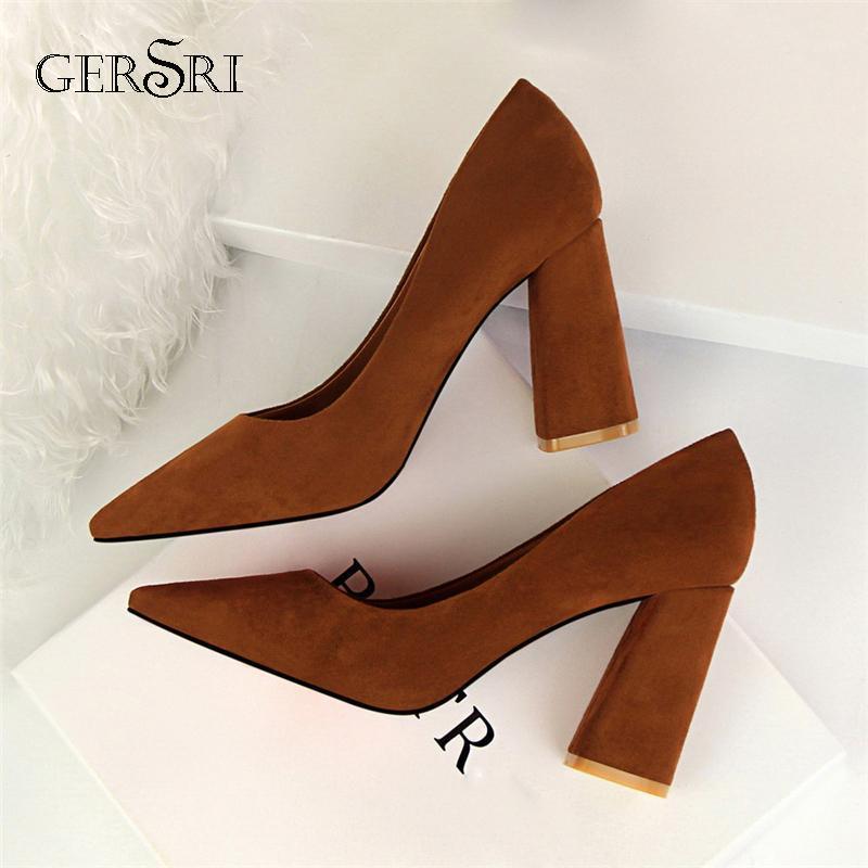 

Gersri 2021 Pumps Women Shoes Camel Flock Single Shoes Female Slip-On Shallow Wedding Party Pumps Pointed Toe Square Heel Pump1, Red