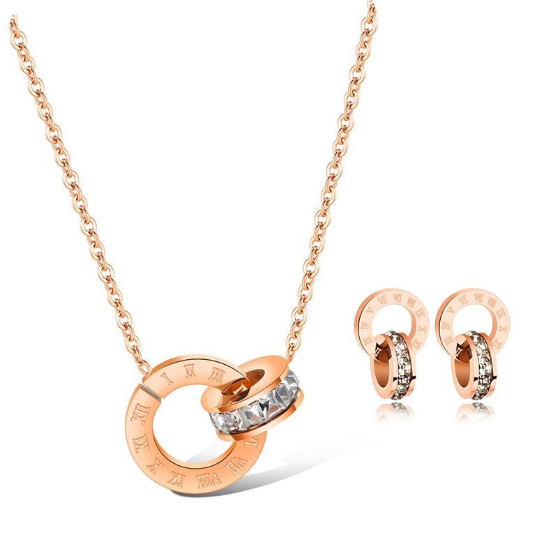 

2021 Design jewelry sets for women rose gold color double rings earings necklace titanium steel sets hot fasion