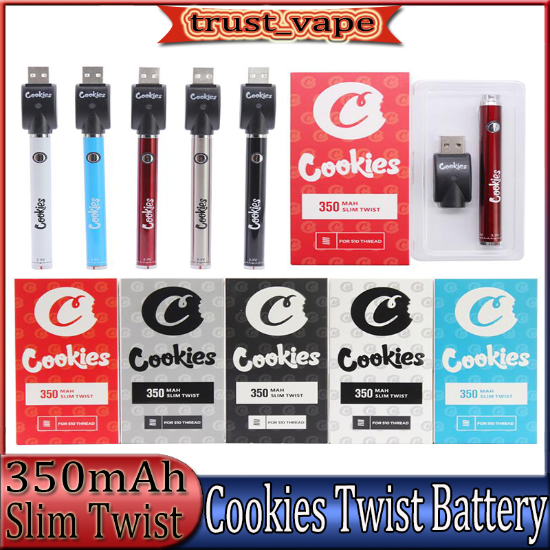 

Cookies Twist Preheating Bottom VV Battery 350mAh Preheat Variable Voltage BUD USD Charger Vape Pen With Gift Box for 510 Thread Carts Tank Fedex